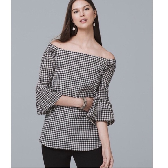 White House Black Market Black and White Of The Shoulder Gingham Blouse SZ SM - Picture 1 of 7